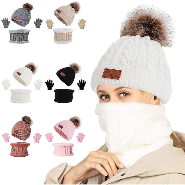 3-delad Winter Girls Beanie Scarf och handskar Set Classic Knit Warm Hat grey