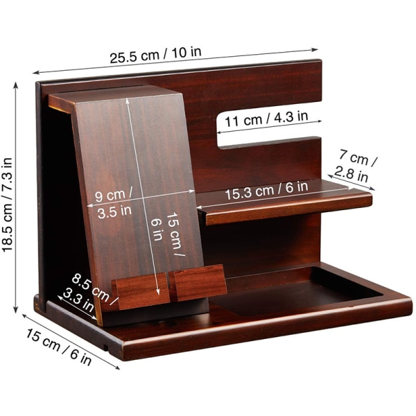 Dockningsstation för mobiltelefon i trä med förvaringsställ för sängbord