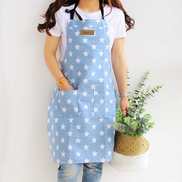 Stars förkläde med ficka bomull linne dam köksförkläde haklappar förkläde matlagningsförkläde för matlagning eller bakning Light blue