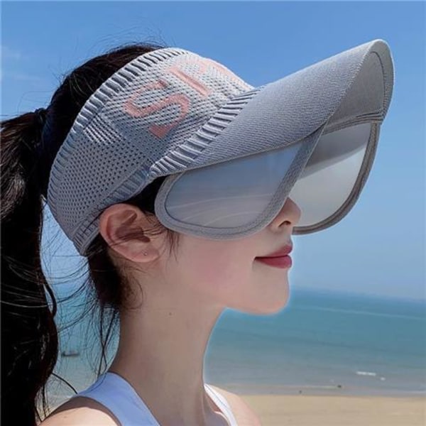 Sommarsolhatt med pärla justerbar stort huvud bred brättad strandhatt UV-skydd hopfällbar solhatt Grey Blue