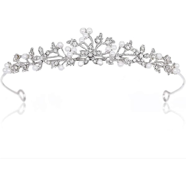 Blommig Rhinestone Pärlkrona Huvudband, Silver Kristall Brudkrona Tiara Flickor Kvinnor Lyxig Prinsessa Huvudband