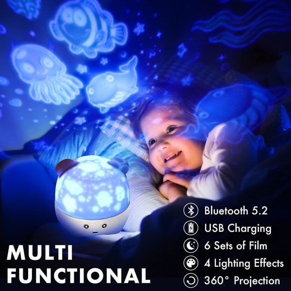 Nattlampa för barn, Music Star Light-projektor för tak i sovrummet, 6 roterande projektioner, Uppladdningsbar LED-lampa för toddler , Nattlampa för barnkammaren F