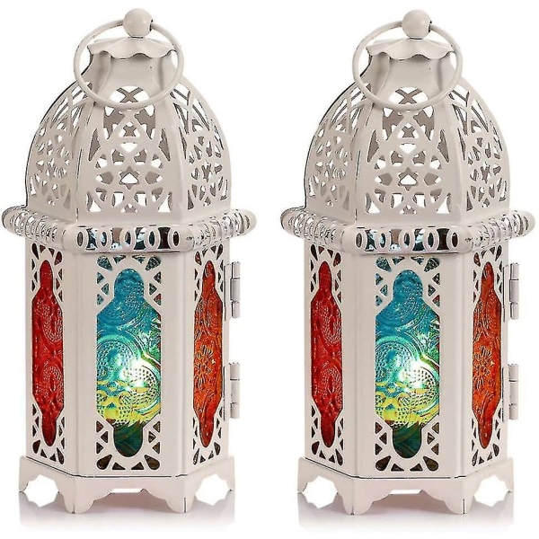 Set med 2 ljuslyktor i marockansk stil - små värmeljusstakar med målat glas white