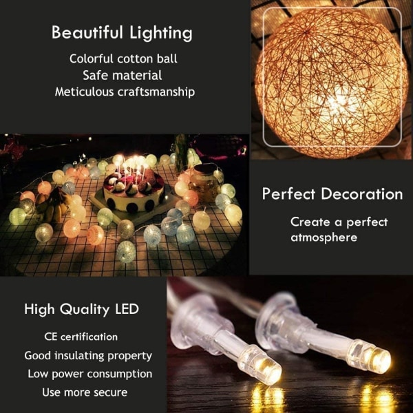 Inomhus ljus girland, ljus boll dekoration Light House sovrum (20 bollar på 60 mm) Batterier eller USB laddare (Macaron Pink)