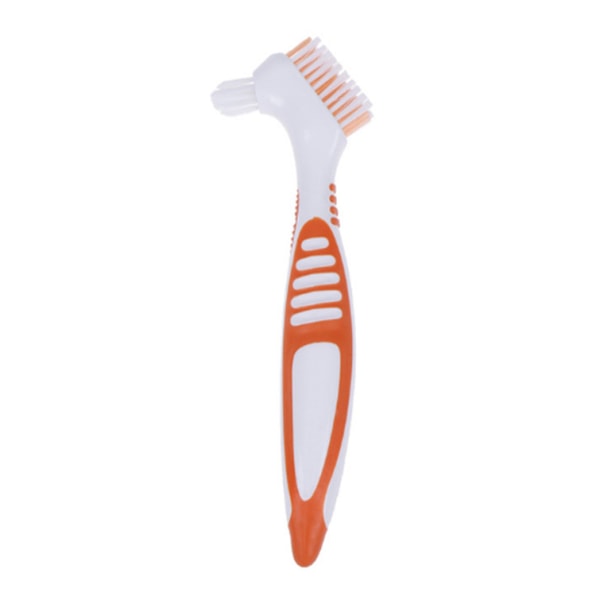 2 st protesetandborste, konstgjord tandborste för protesvård, dubbelt vinkelborsthuvud, bärbar ergonomisk protesrengöringsborste orange