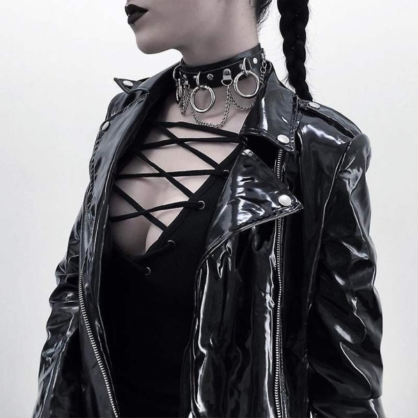 Kvinnors Pu Läder Choker Halsband O Ring Neck Krage Gothic Punk Bälte Cosplay rekvisita black