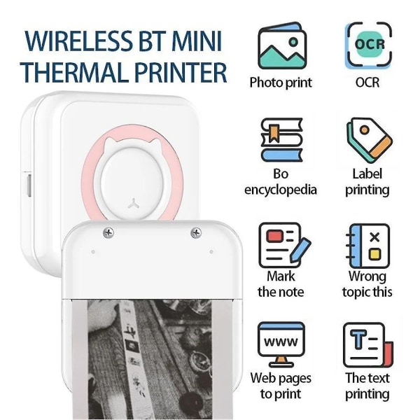 Bärbar Bluetooth multifunktions thermal fotoskrivare och 10 rullar kopieringspapper pink