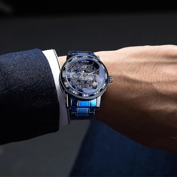 (Blå) Vinnare Transparent Diamond Mechanical Watch Blå Rostfritt stål Skeleton Watch Toppmärke