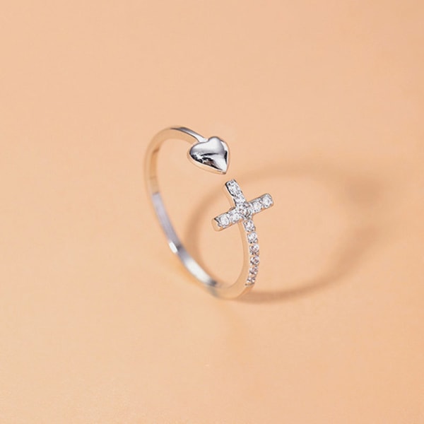 925 Sterling Silver Heart Cross Ring Fade Fade Open Ring Love Diamond Nisch Ring Silver Heart Cross Ring med öppet hjärta och diamanter