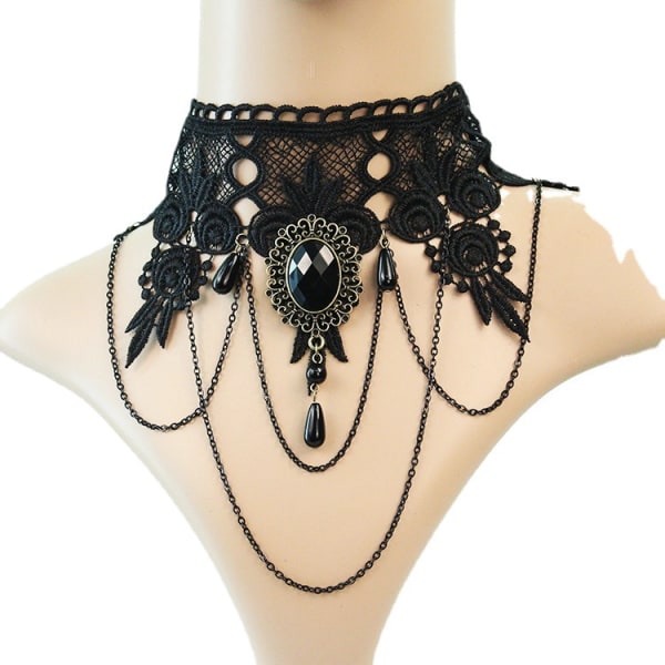 Elegant Retro Princess Black Lace Gothic Statement Halsband Armband Victorian Lolita Halsband Hänge Vampyrkedja