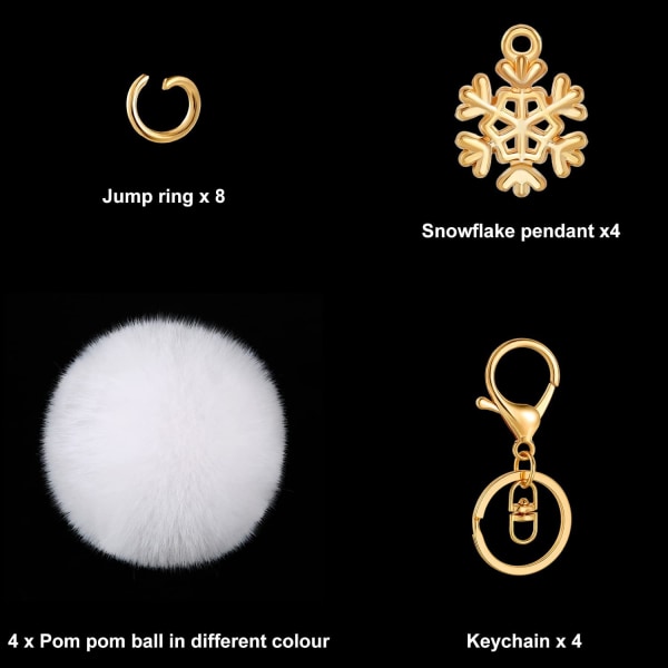 4 ST 3" Pompom-nyckelringar med snöflingaberlocker och hoppringar