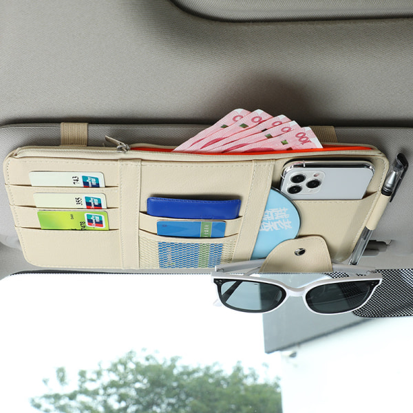 Bilsolskyddsförvaring multifunktions bilglasögon klämmahållare förvaringsväska kortväska kortklämma dokumenthållare beige