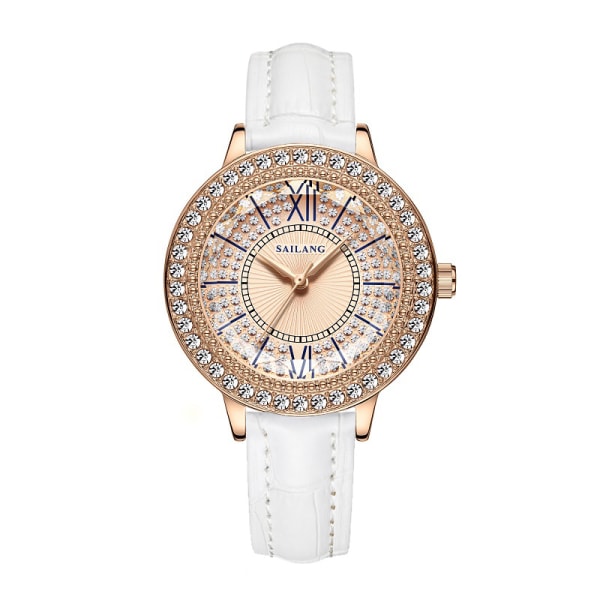 Watch Ling-formad skuren glas Gypsophila Damklocka Enkel watch Rose Gold Diamond Brittisk watch - Full Diamond White Belt