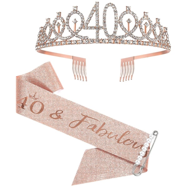 40-årsdagssash och tiara för kvinnor, roséguld födelsedagssash krona 40 & Fabulous sash och tiara för kvinnor