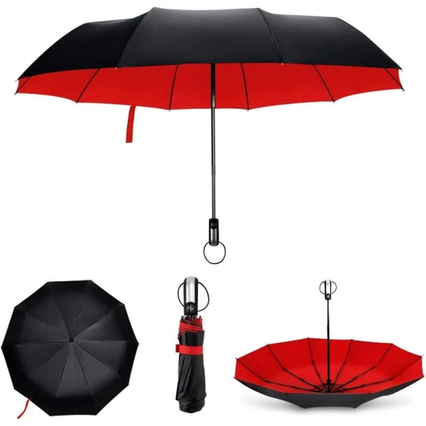 Fällbart paraply, 10 ribbor, vindtätt reseparaply med beläggning, automatisk öppning och stängning för män kvinnor Röd red
