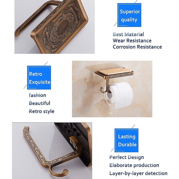 Toalettpappershållare i brons, Toalettpappershållare i antik mässing, Premium väggmonterad badrumspappershållare med hyllor och krokar