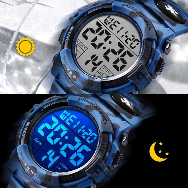 Digital watch för pojkar, 5 ATM vattentät digital watch/ watch för barn, watch med LED-larmljus och datumblått