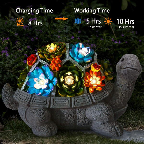 Solar Garden Staty Sköldpaddsstaty med suckulenter och 7 LED-lampor