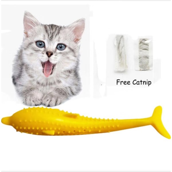 Djurkatt, fiskformad tandborste, husdjur med kattmynta, miljövänlig silikontandslipsticka, tandrengöringsleksak yellow