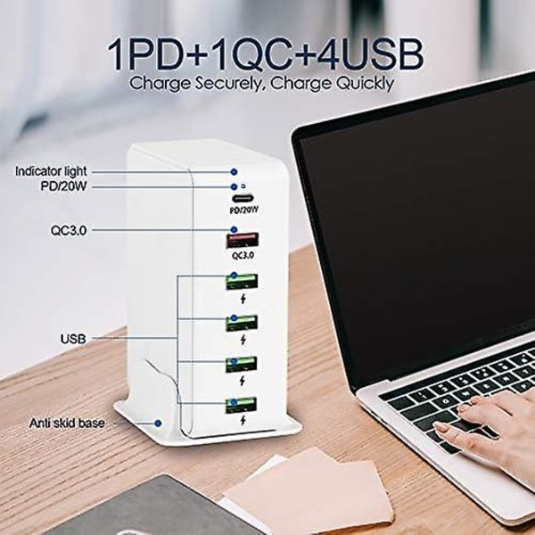 65w multi USB -laddarkontakt Uk med 20w typ-c power +snabbladdning 3,0 +4x 5v2a(max) USB port Smart Phone Laddningsstation kompatibel med Ipa