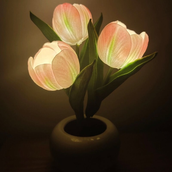 LED-tulpanlampa Keramiksimulerad blomkruka Ambient Night Light Dekoration (Rosa, 1 förpackning)