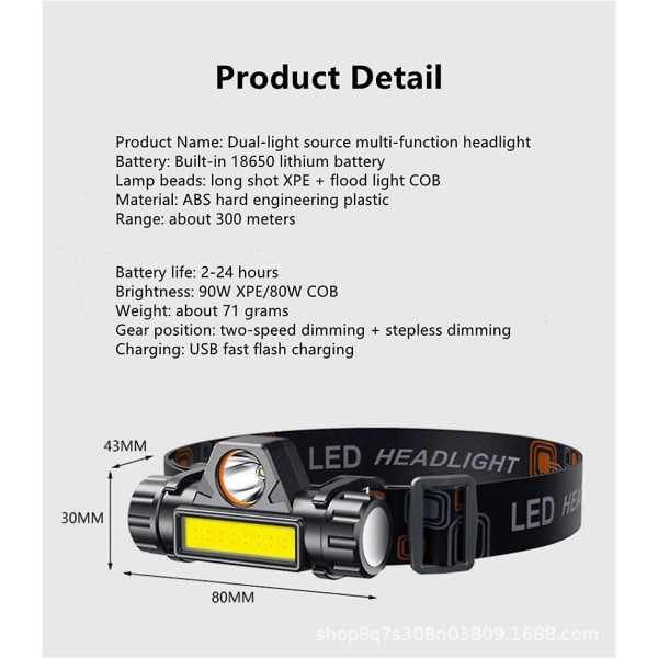 2-pack LED Strålkastare Strålkastare USB Uppladdningsbar vattentät Ficklampa Strålkastare