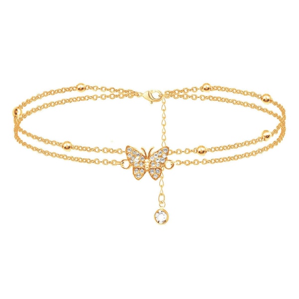 14K Butterfly Silver fotlänkar för kvinnor - Justerbara damfotlöpar - Smycken Anklet Presenter för kvinnor Tonårstjejer golden