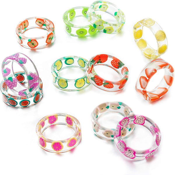 12 Pack Resin Frukt Ring Set Söt Dragon Frukt Jordgubbe Äpple Vattenmelon Citron Kiwi Grapefrukt Sommar