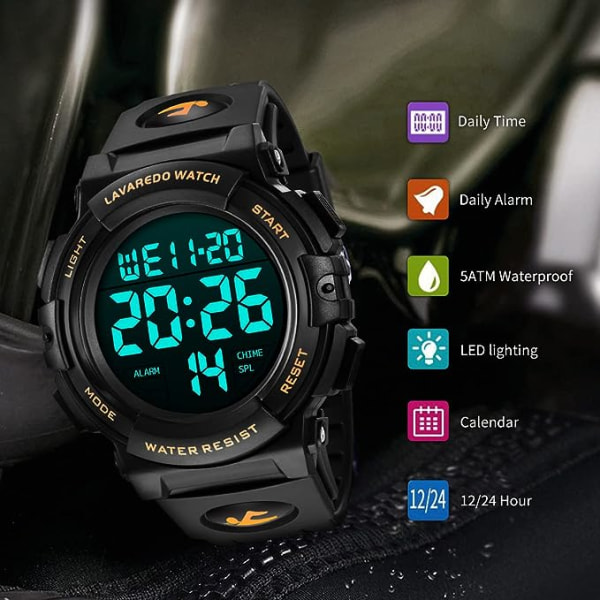 Herr digital watch - sport militär svart watch 50m vattentät utomhus Chronograph militär watch för män