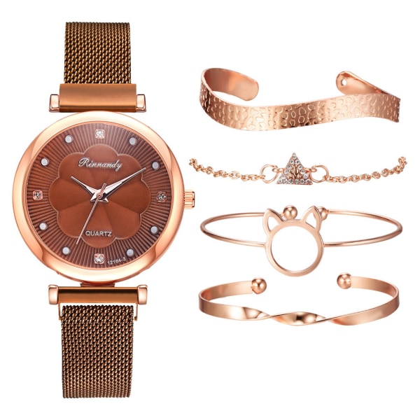 5 st/ set Dammode Enkel Mesh rem Absorberande Quartz Watch+ Armband Set brown
