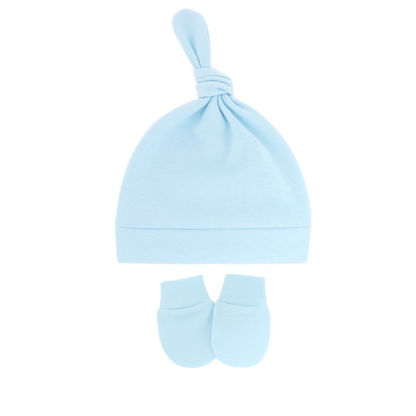 2 söta huvuddukar med stjärtknut, liten cap utan brätte, mjuk bomull, bekväma repfria handskar för baby light blue