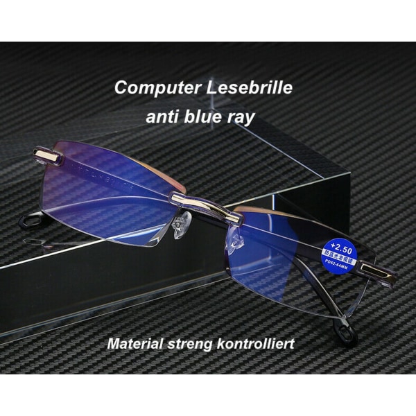 2st antiblått ljus glasögon Uni läsglasögon kantlösa för TV dator blåljus filter +2,5 dioptrier