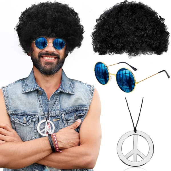 3 st Set svart peruk med solglasögon & halsband, temafest cosplayperuk black