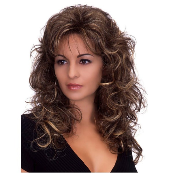 Mode damer långt lockigt hår peruk Europeiska och amerikanska peruk kvinnlig fluffigt långt lockigt hår sned lugg brun guld kemisk fiber huvudbonader