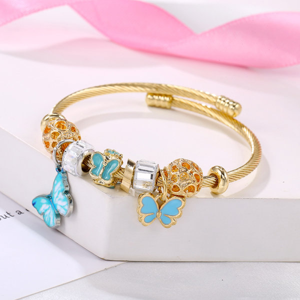 Armbandskollektion i rostfritt stål Öppet guldarmband Blue Butterfly DIY pärlarmband för kvinnor, presenter till familj eller vänner blue
