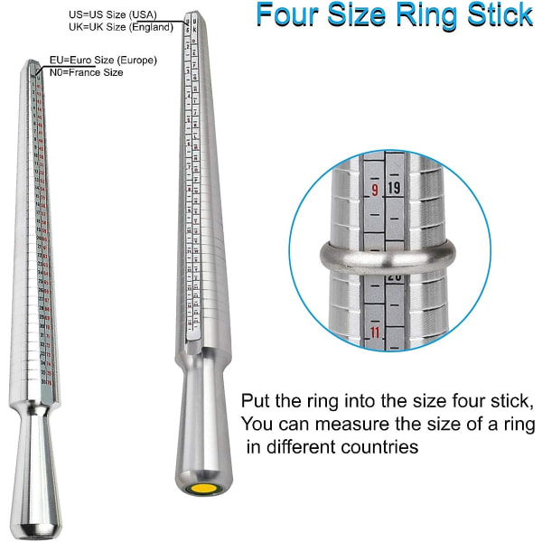 metallring set, ringdorn och fingermätare, storlekar: UK, EU, USA