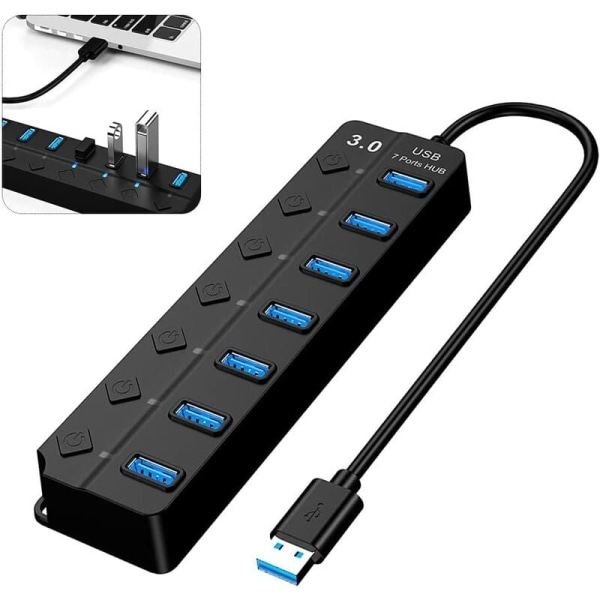 USB 3.0 Hub, Multi 7 Port USB Power Strip med oberoende switch, Powered USB 3.0 Hub, Multipel USB Port för PC, Laptop