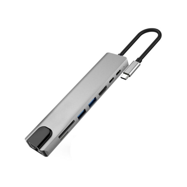 USB C Hub-adapter, 8 i 1 Mac-tillbehör USBC-adapter 4K HDMI, Ethernet, 2 USB 3.0, SD/TF-kortläsning
