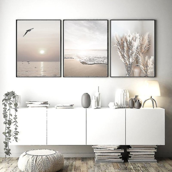 Set med 3 snygga väggkonstaffischer för vardagsrummet - solnedgång - strand - oinramade (30 x 40 cm)