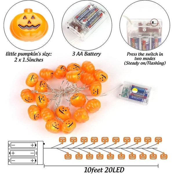 Halloween String Lights, 10ft 20led Pumpkin Lights Batteridrivna pumpa Lights For Hallowe