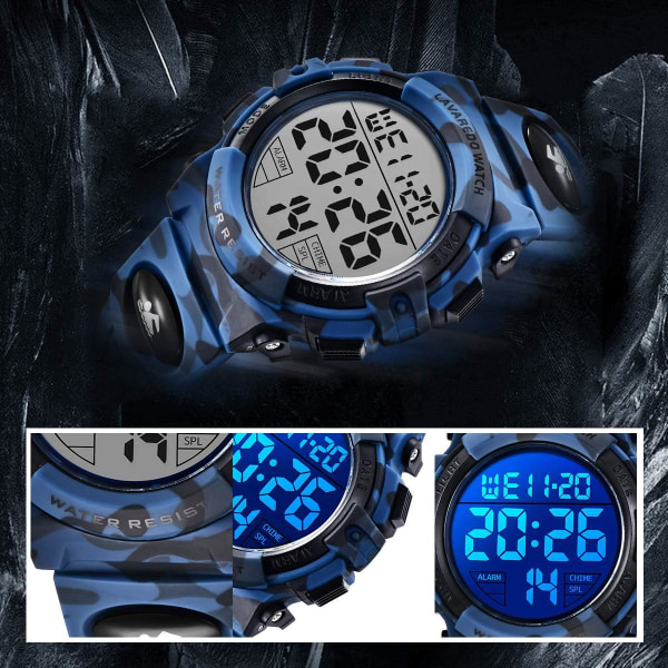 Digital watch för pojkar, 5 ATM vattentät digital watch/ watch för barn, watch med LED-larmljus och datumblått