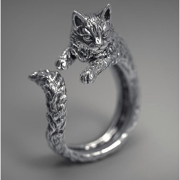 Katt vintage silver justerbar djuromslag öppen ring kompatibel med kvinnor tonårsflickor gåva