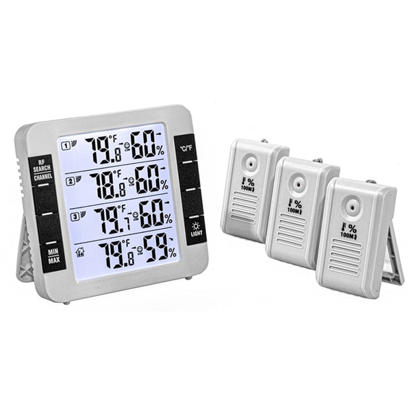 Inomhus-/utomhustermometer Digital termometer Hygrometer inomhus- och utomhustermometer med bakgrundsbelysning, MIN/MAX, °C/°F-omkopplare, 3 sensorer