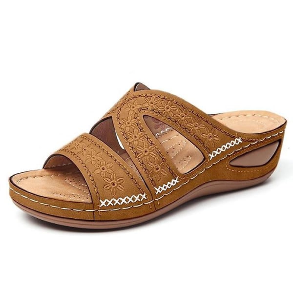 Läder Mjuk innersula Ortopedisk Arch Support Sandaler Plattform Tofflor Sandaler Dam Broderade Skor - Brun brown 39