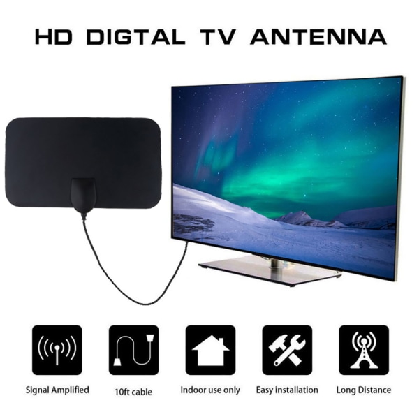 Digital TV-antenn inomhus Ultratunn HD TV-antenn 50 Mile Räckvidd Mottagare TV-kabel HDMI-kabel
