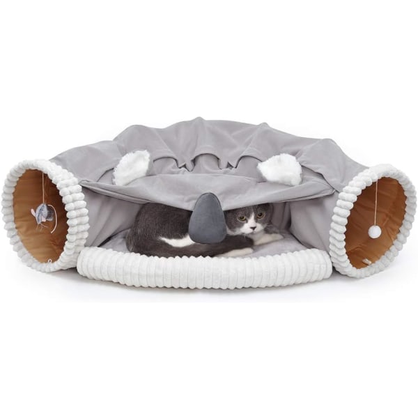 Katttunnelsäng med kudde, gömställe med topphål för kattungar med hopfällbara rör och avtagbar hängande hämtaboll (grå)