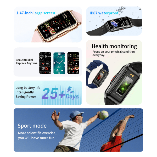 Smart Watch Sport Vattentät Pulsmätare Steg Stark Batteritid 1,47 HD Smart Armband Black Steel