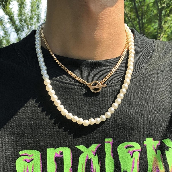 Punk White Pearl Choker Halsband för män Kvinnor Gyllene Silver Färg Layered Chain Halsband Modesmycken