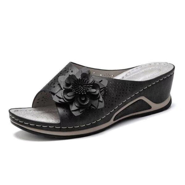 PU Läder Mjuk innersula Dam Ortopediska Arch Support Sandaler Hollow Wedge Flower black 40