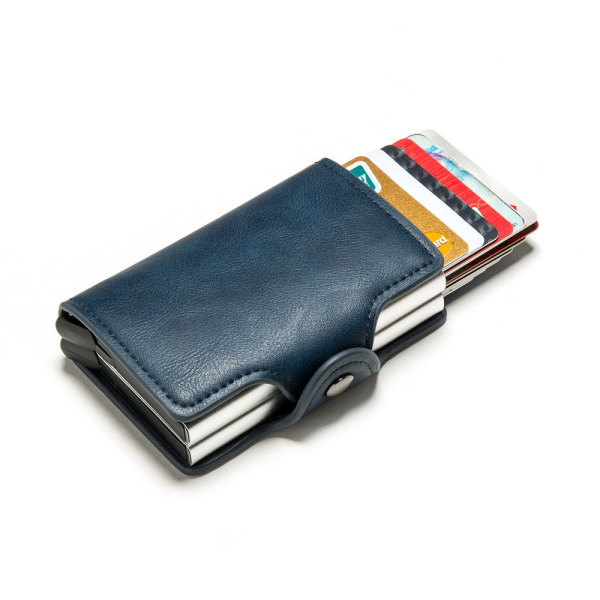 Automatisk pop-up RFID-aluminiumlegering stöldskyddande kreditkortsväska med dubbellagers plånbok med stor kapacitet blue